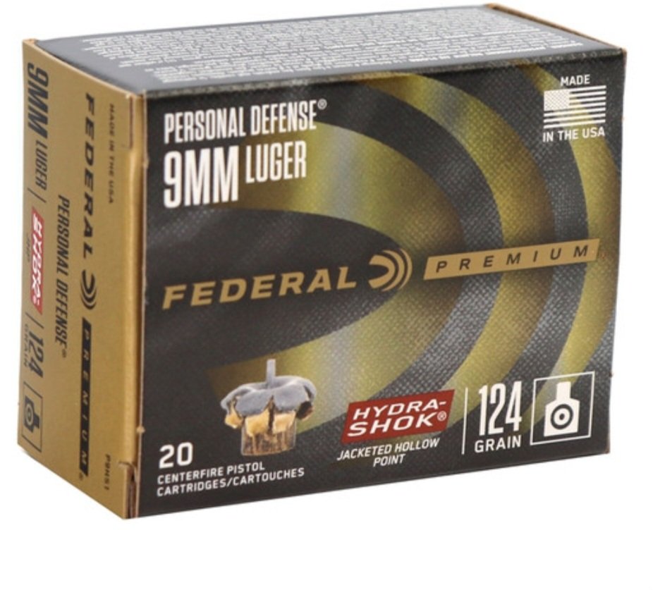 2026/08/1000366062.jpg Federal P9HS1 Premium Personal Defense Hydra-Shok 9mm Luger, 124GR, Jacketed Hollow Points, 20RD, 029465088330 - Image 1