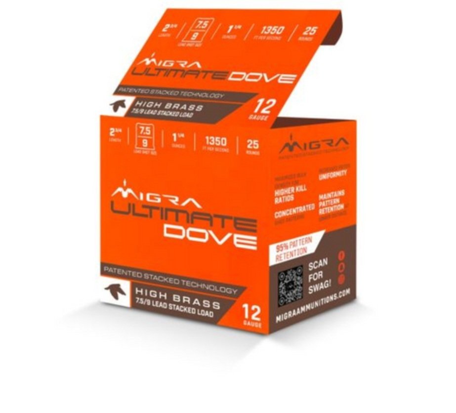 2026/08/1000366112.jpg Migra M-12UD-75-9 High Brass Ultimate Dove 12GA, 2 3/4", 1 1/4oz, 1350FPS, #7.5/9 Stacked, 250RD Per Case, 850060794018 - Image 1